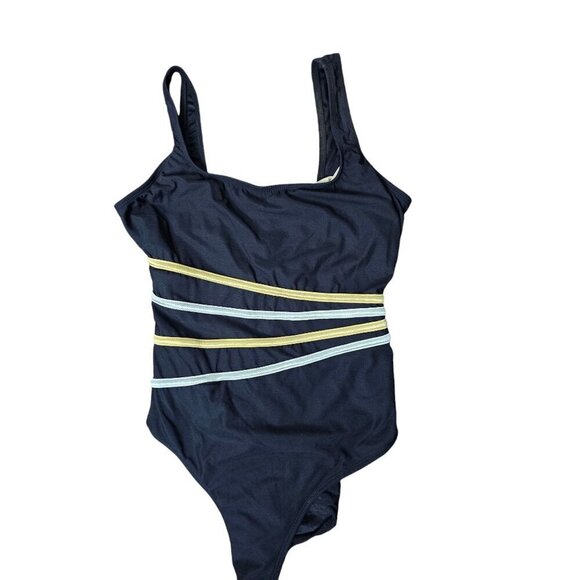 Vintage 70s 80s Robby Len Black Striped One Piece Swimsuit - Picture 1 of 10